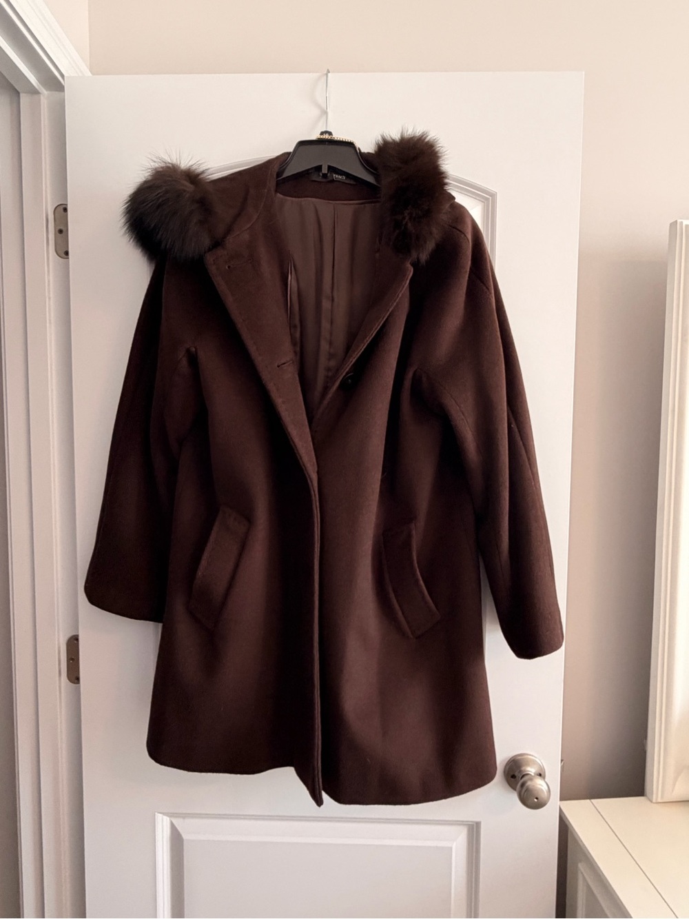 Women's Brown Wool Coat with Fur-Trim Hood